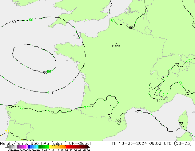 Height/Temp. 950 hPa UK-Global Th 16.05.2024 09 UTC