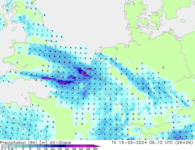 降水量 (6h) UK-Global 星期四 16.05.2024 12 UTC