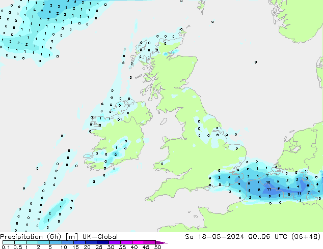 Precipitation (6h) UK-Global So 18.05.2024 06 UTC