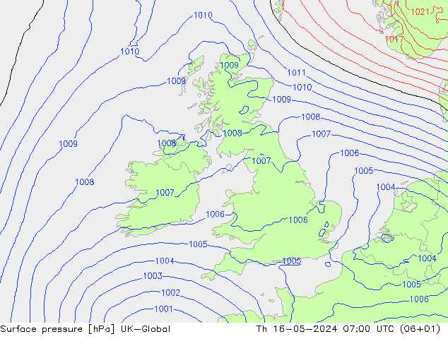 Surface pressure UK-Global Th 16.05.2024 07 UTC