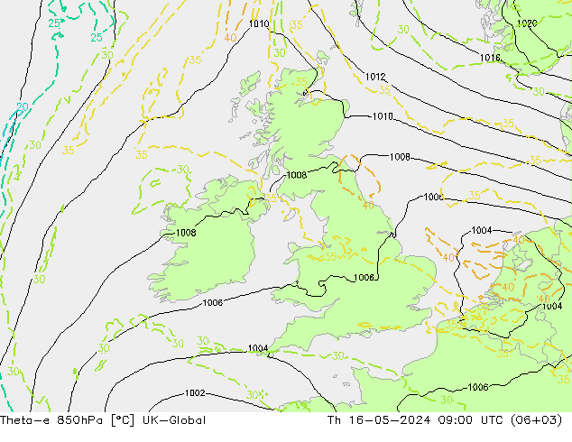 Theta-e 850hPa UK-Global czw. 16.05.2024 09 UTC