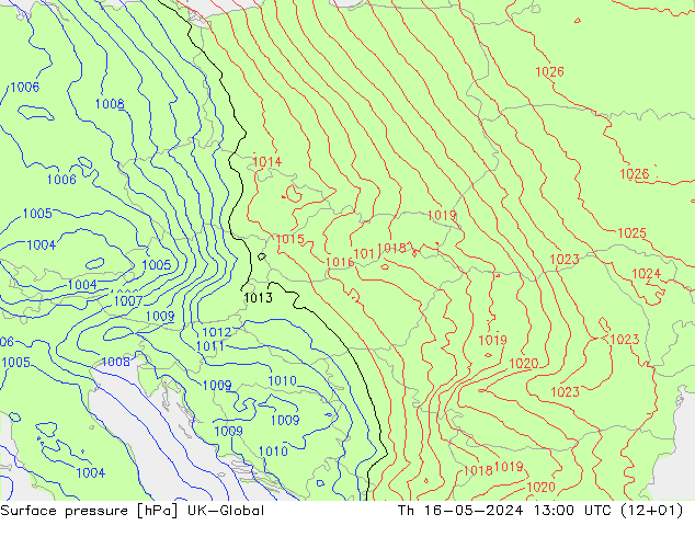 Surface pressure UK-Global Th 16.05.2024 13 UTC