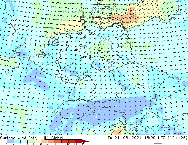 Surface wind (bft) UK-Global Út 21.05.2024 18 UTC