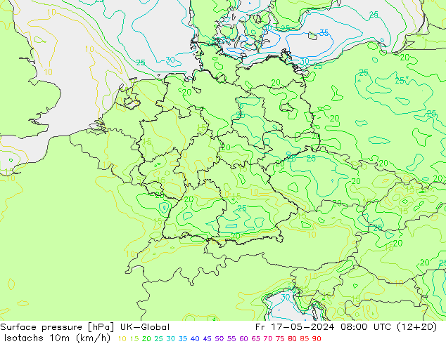 Isotachen (km/h) UK-Global Fr 17.05.2024 08 UTC