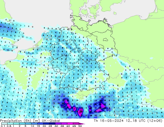 Precipitación (6h) UK-Global jue 16.05.2024 18 UTC