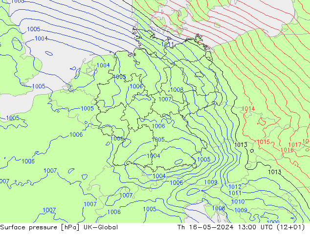 地面气压 UK-Global 星期四 16.05.2024 13 UTC