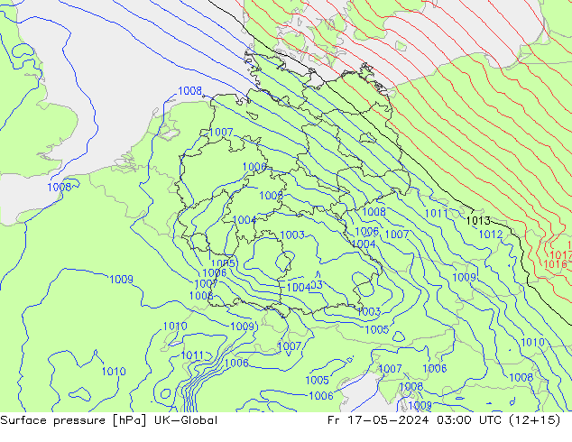 Pressione al suolo UK-Global ven 17.05.2024 03 UTC