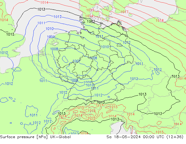 Pressione al suolo UK-Global sab 18.05.2024 00 UTC