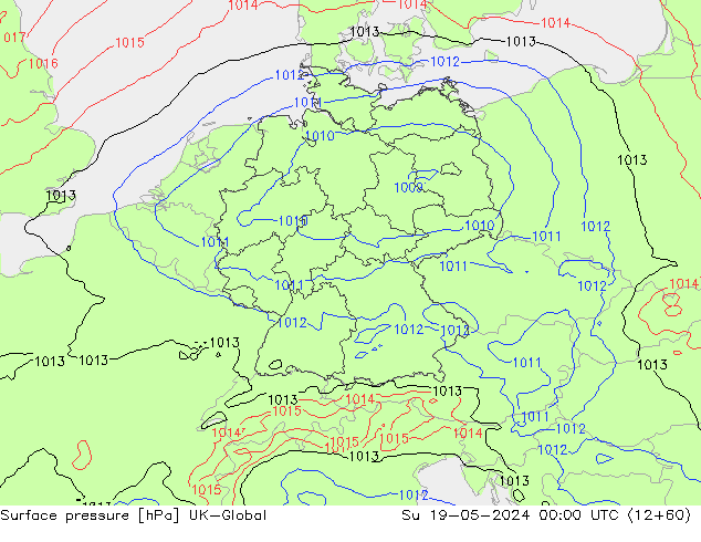 Pressione al suolo UK-Global dom 19.05.2024 00 UTC