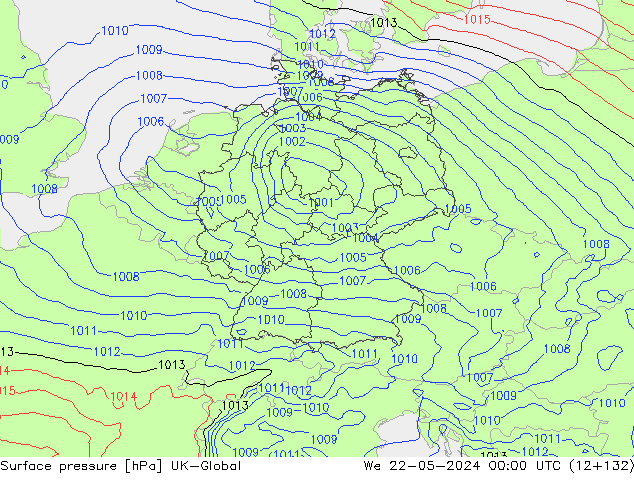 Pressione al suolo UK-Global mer 22.05.2024 00 UTC