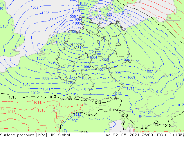 Pressione al suolo UK-Global mer 22.05.2024 06 UTC