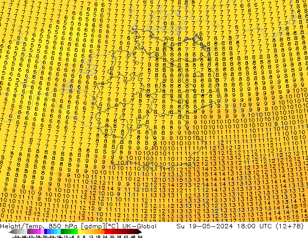 Height/Temp. 850 hPa UK-Global Su 19.05.2024 18 UTC