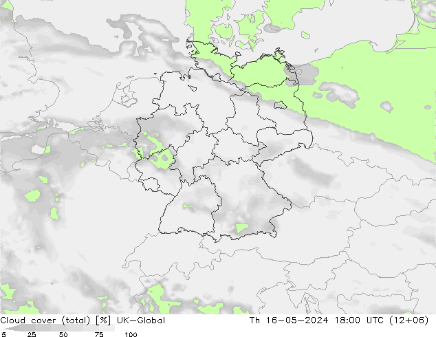 Cloud cover (total) UK-Global Th 16.05.2024 18 UTC