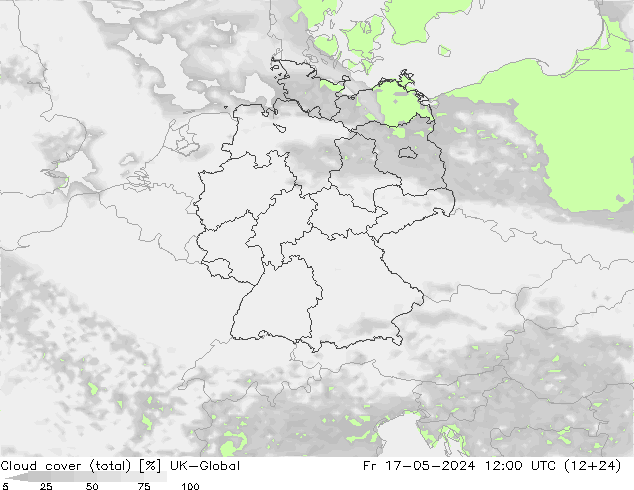 Bewolking (Totaal) UK-Global vr 17.05.2024 12 UTC