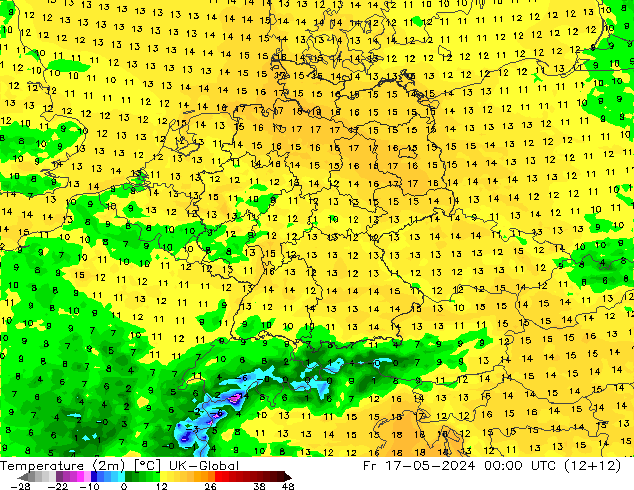 Temperature (2m) UK-Global Fr 17.05.2024 00 UTC