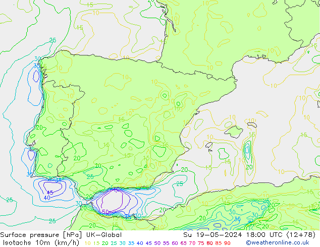 Isotachen (km/h) UK-Global zo 19.05.2024 18 UTC