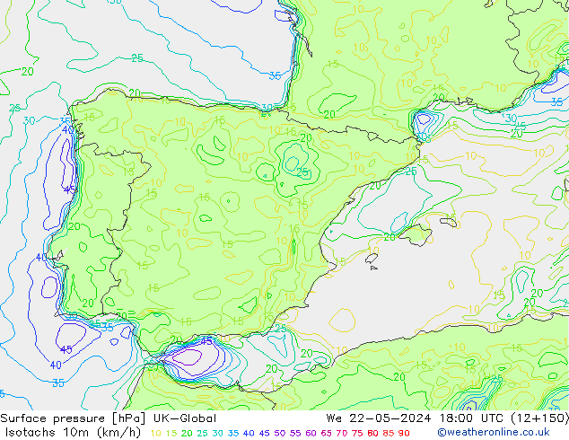 Eşrüzgar Hızları (km/sa) UK-Global Çar 22.05.2024 18 UTC