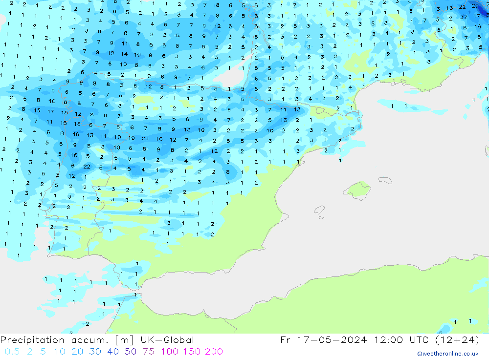Precipitation accum. UK-Global Fr 17.05.2024 12 UTC
