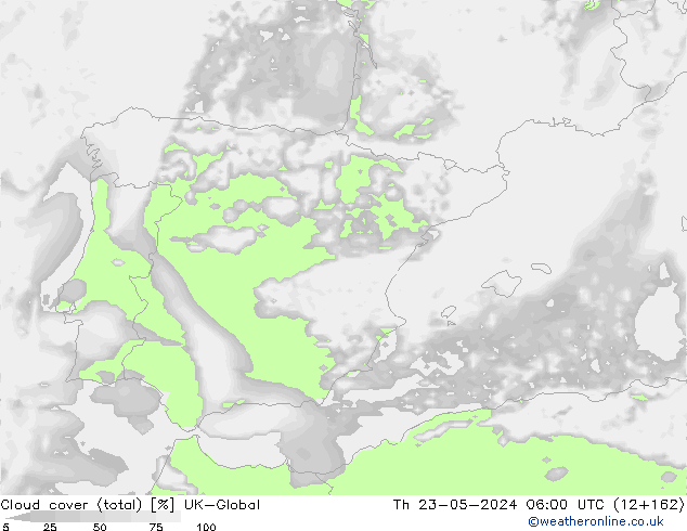 Cloud cover (total) UK-Global Čt 23.05.2024 06 UTC