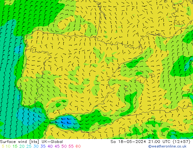 Wind 10 m UK-Global za 18.05.2024 21 UTC