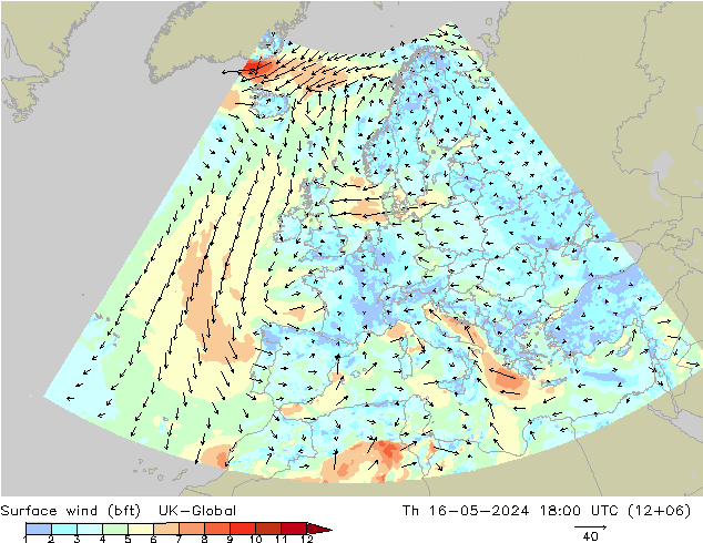 Surface wind (bft) UK-Global Th 16.05.2024 18 UTC