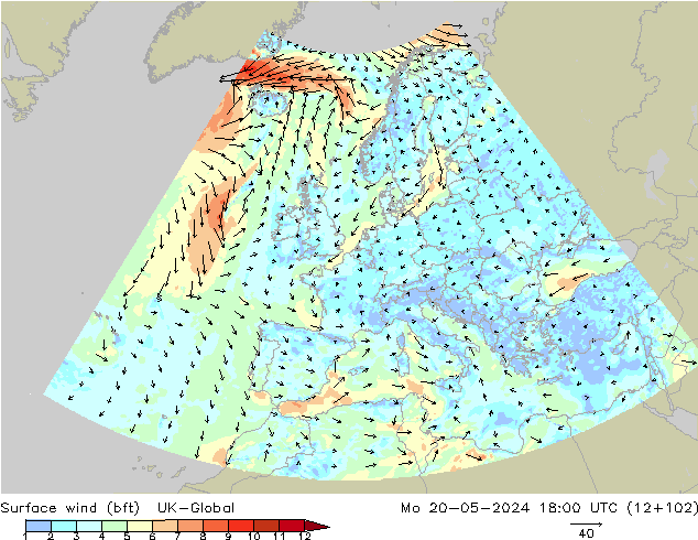 Surface wind (bft) UK-Global Mo 20.05.2024 18 UTC