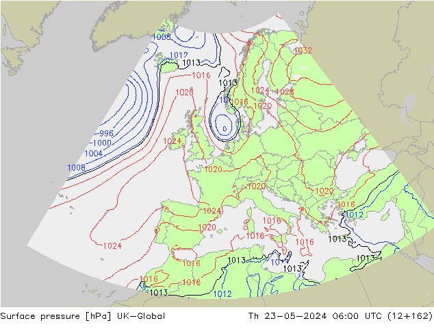 Presión superficial UK-Global jue 23.05.2024 06 UTC