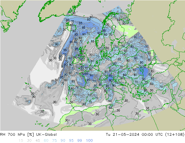 Humidité rel. 700 hPa UK-Global mar 21.05.2024 00 UTC