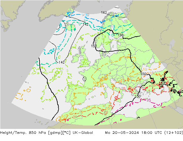 Height/Temp. 850 hPa UK-Global Mo 20.05.2024 18 UTC