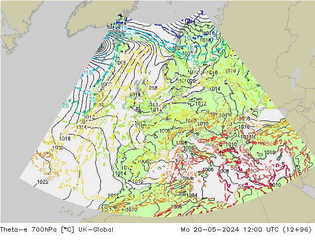 Theta-e 700hPa UK-Global Mo 20.05.2024 12 UTC