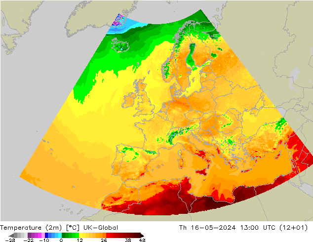 Temperature (2m) UK-Global Th 16.05.2024 13 UTC