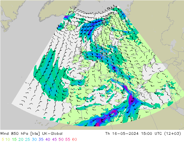 Wind 850 hPa UK-Global Do 16.05.2024 15 UTC