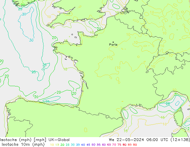 Isotachen (mph) UK-Global wo 22.05.2024 06 UTC