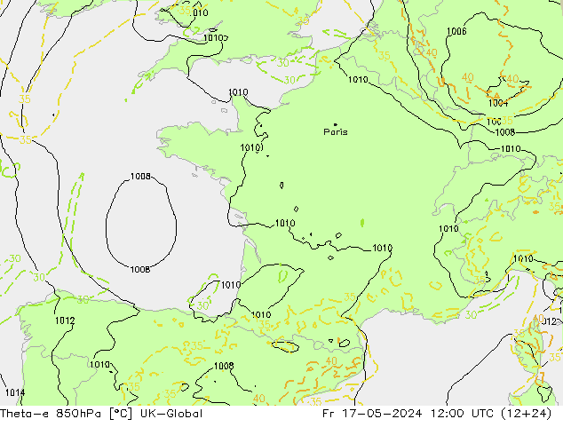 Theta-e 850hPa UK-Global Fr 17.05.2024 12 UTC