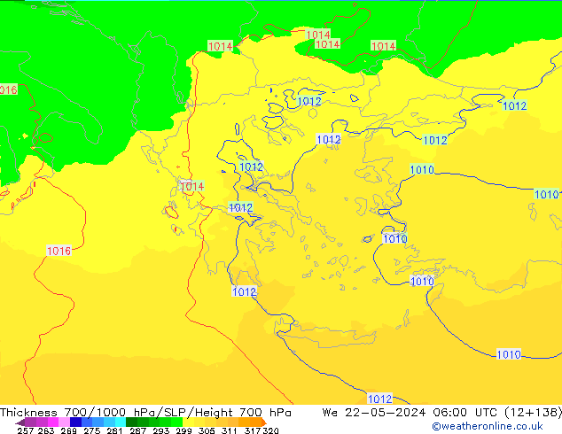 Thck 700-1000 hPa UK-Global śro. 22.05.2024 06 UTC