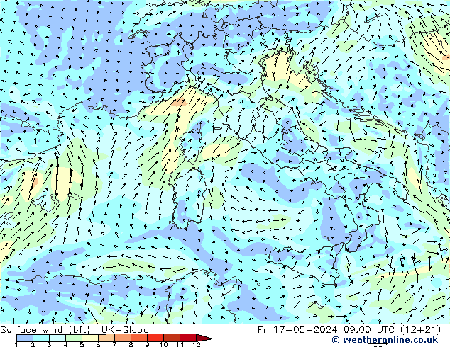 Surface wind (bft) UK-Global Fr 17.05.2024 09 UTC