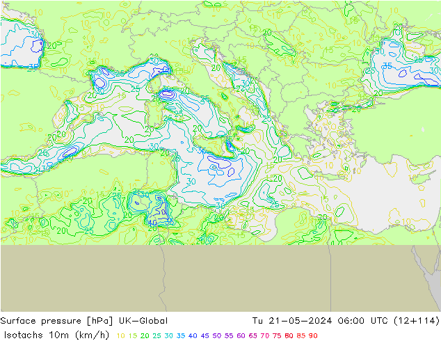 Isotachs (kph) UK-Global Tu 21.05.2024 06 UTC