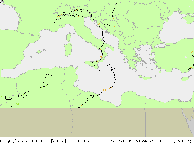 Height/Temp. 950 hPa UK-Global sab 18.05.2024 21 UTC