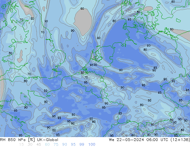 RH 850 hPa UK-Global mer 22.05.2024 06 UTC
