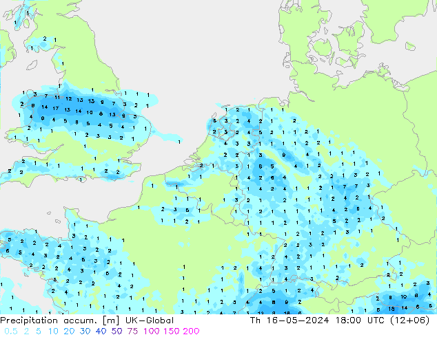 Precipitation accum. UK-Global 星期四 16.05.2024 18 UTC