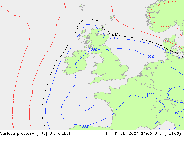 Presión superficial UK-Global jue 16.05.2024 21 UTC