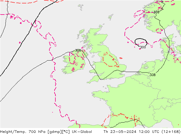 Height/Temp. 700 hPa UK-Global czw. 23.05.2024 12 UTC