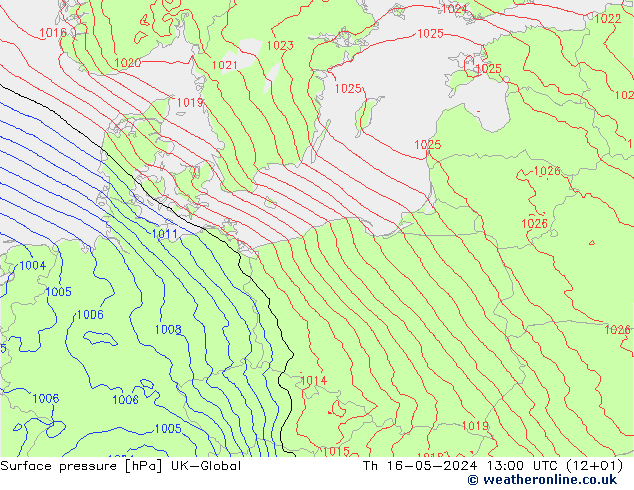 Surface pressure UK-Global Th 16.05.2024 13 UTC
