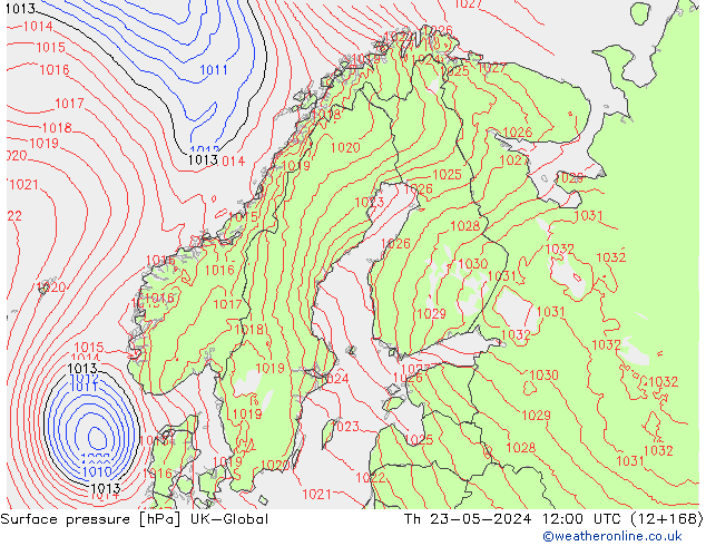 Pressione al suolo UK-Global gio 23.05.2024 12 UTC