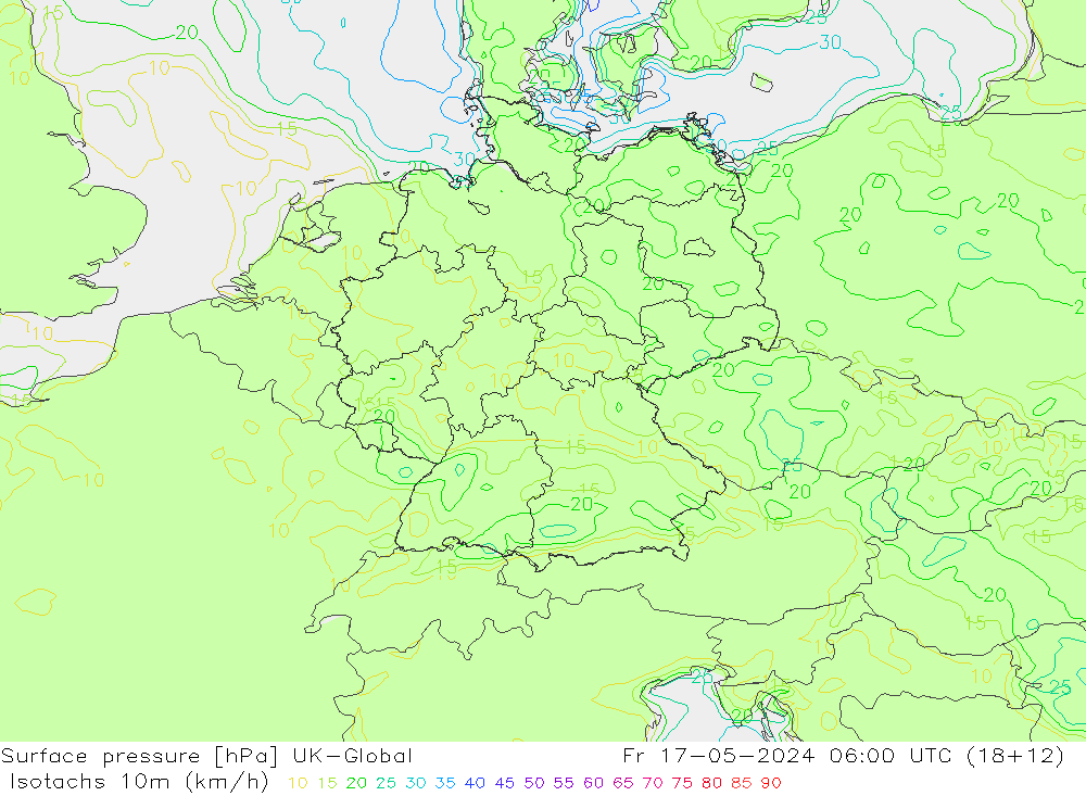 Isotachen (km/h) UK-Global Fr 17.05.2024 06 UTC