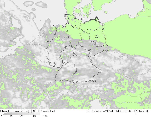 Cloud cover (low) UK-Global Fr 17.05.2024 14 UTC