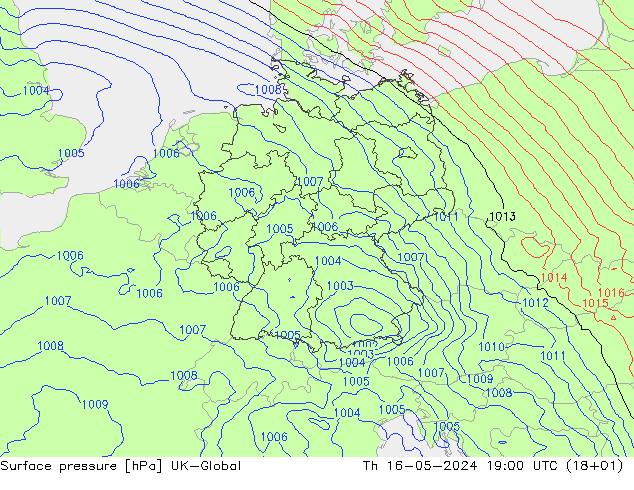 地面气压 UK-Global 星期四 16.05.2024 19 UTC