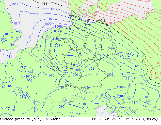 Pressione al suolo UK-Global ven 17.05.2024 14 UTC