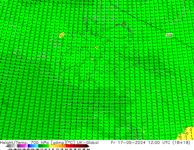 Height/Temp. 700 hPa UK-Global Pá 17.05.2024 12 UTC
