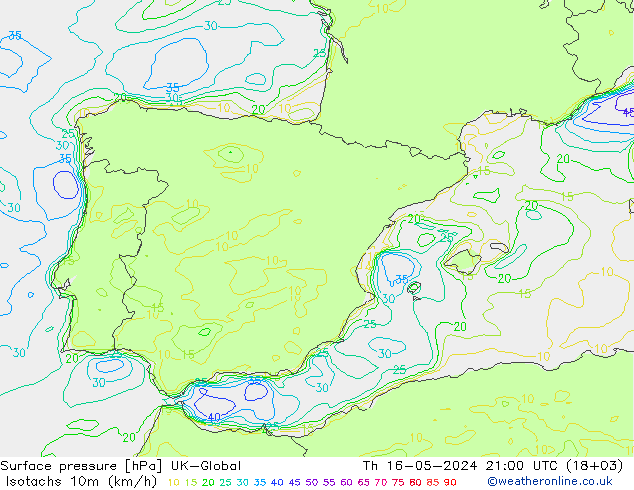 Isotachen (km/h) UK-Global Do 16.05.2024 21 UTC